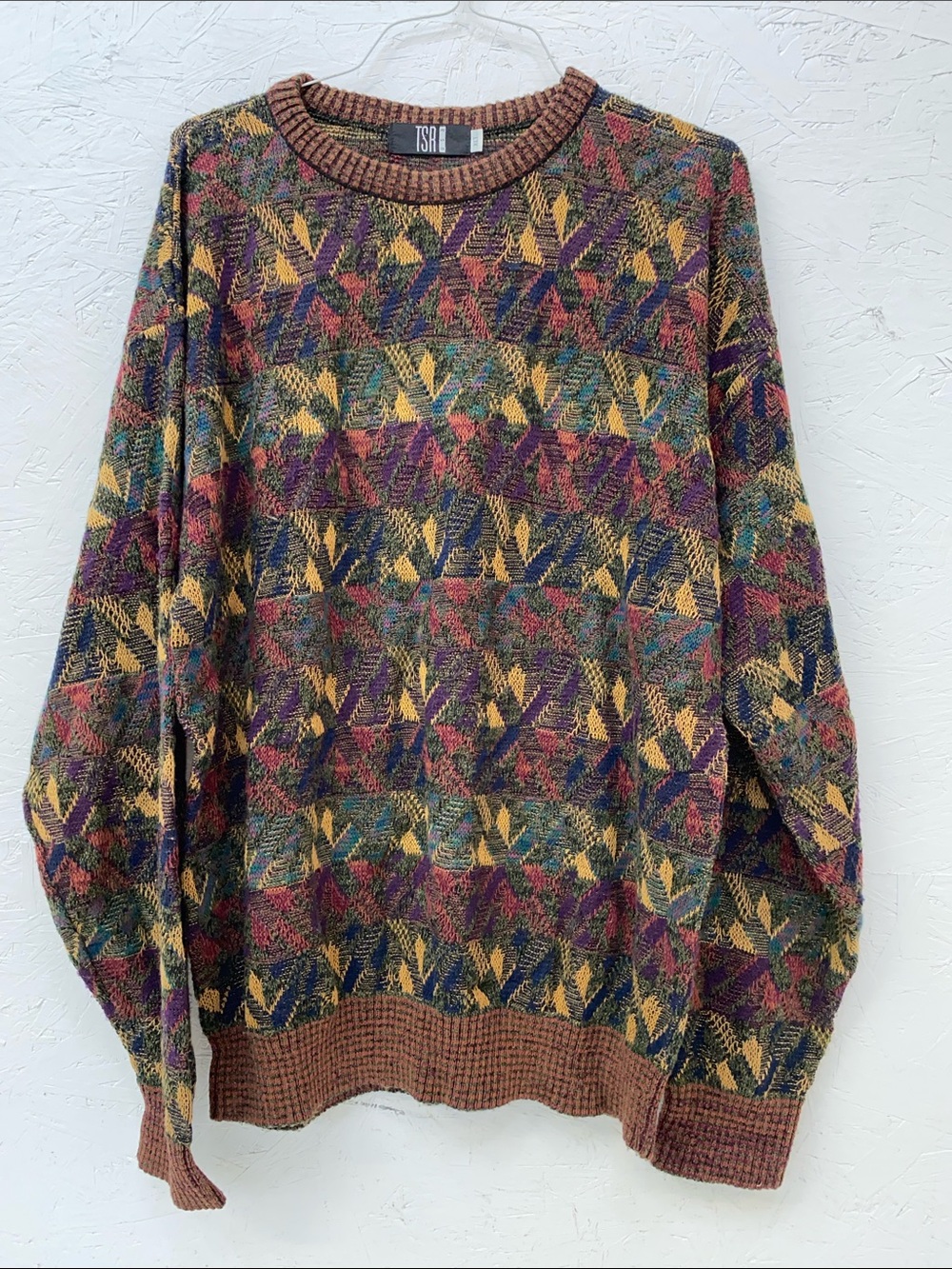 Vintage TSR USA Multicolor Geometric Crewneck Sweater - Brown Trim XL